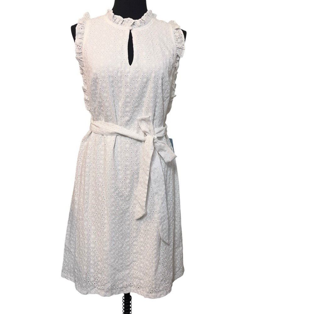 London Times Eyelet Lace Keyhole Dress White US 8P Cottagecore Romantic Feminine